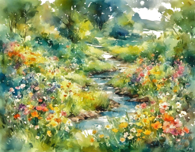 Tranquil Stream In A Fantasy Meadow