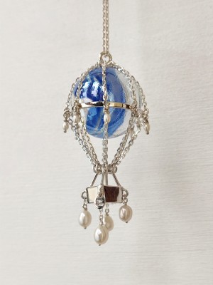 Sterling silver hot air balloon necklace with blue glass marble and pearls