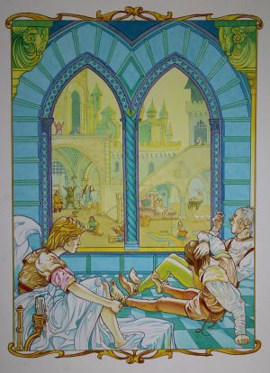 Illustration. Group of people relaxing while looking through castle windows of people working.