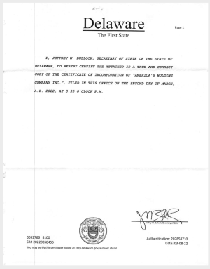 The Articles of Incorporation for America's Holding Company
