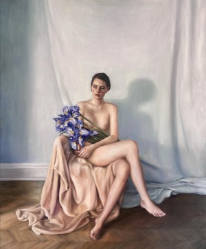 Woman Sitting with Blue Irises