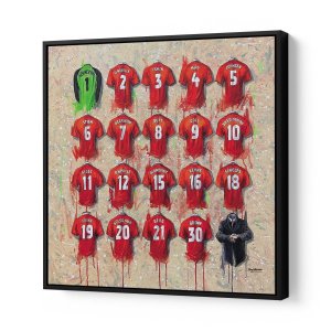Man United Shirts Treble Winners Framed 20x20 Canvas