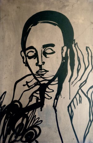 Autoportrait with hands and flowers on bronze background, to Ales Iglič, Veronika Kralj Iglič