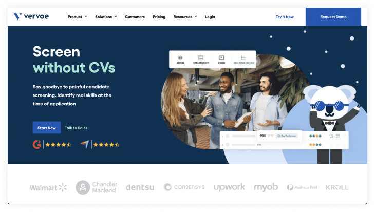 Screenshot of Vervoe’s homepage