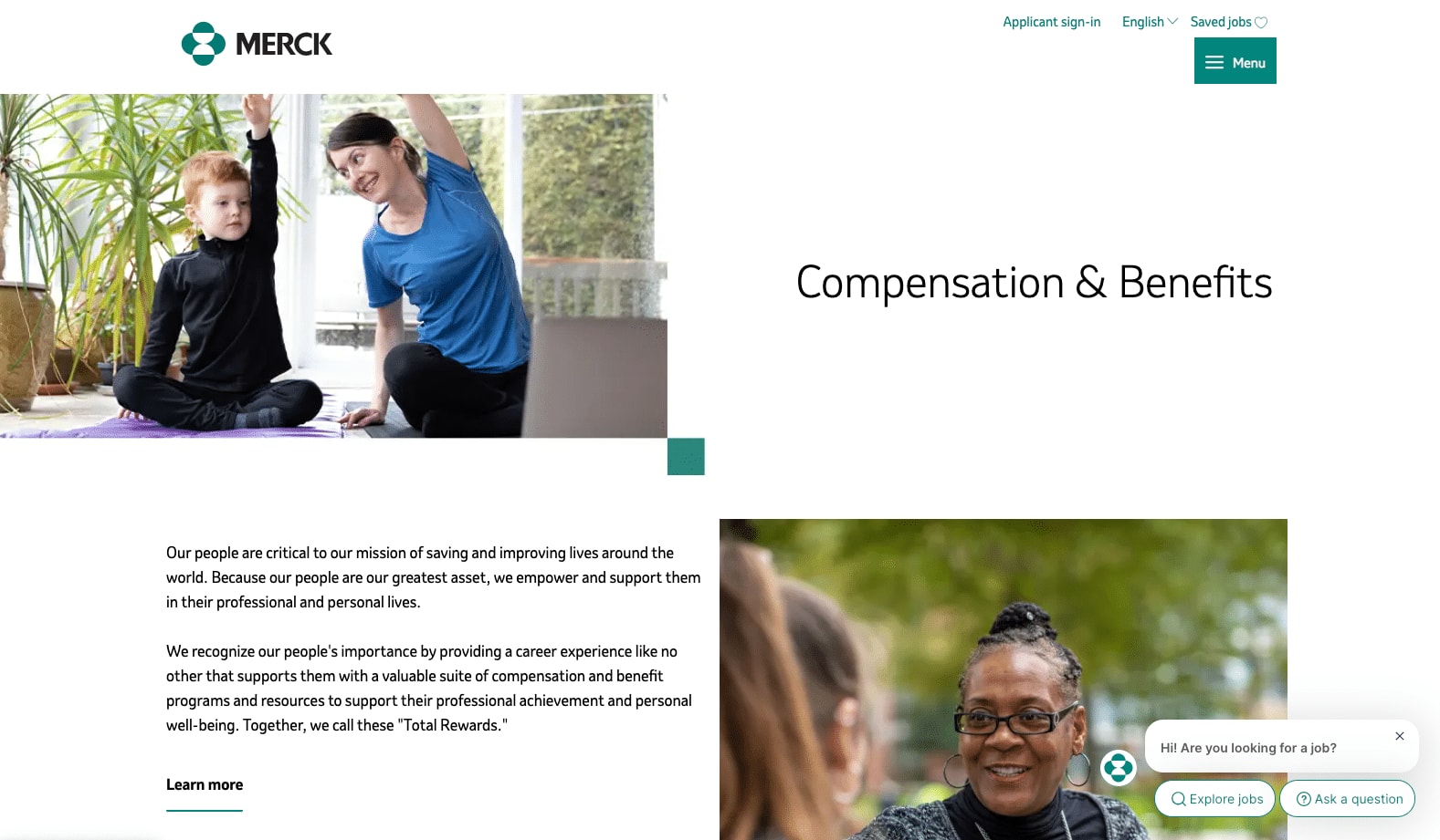 Screenshot of Merck compensation and benefits page