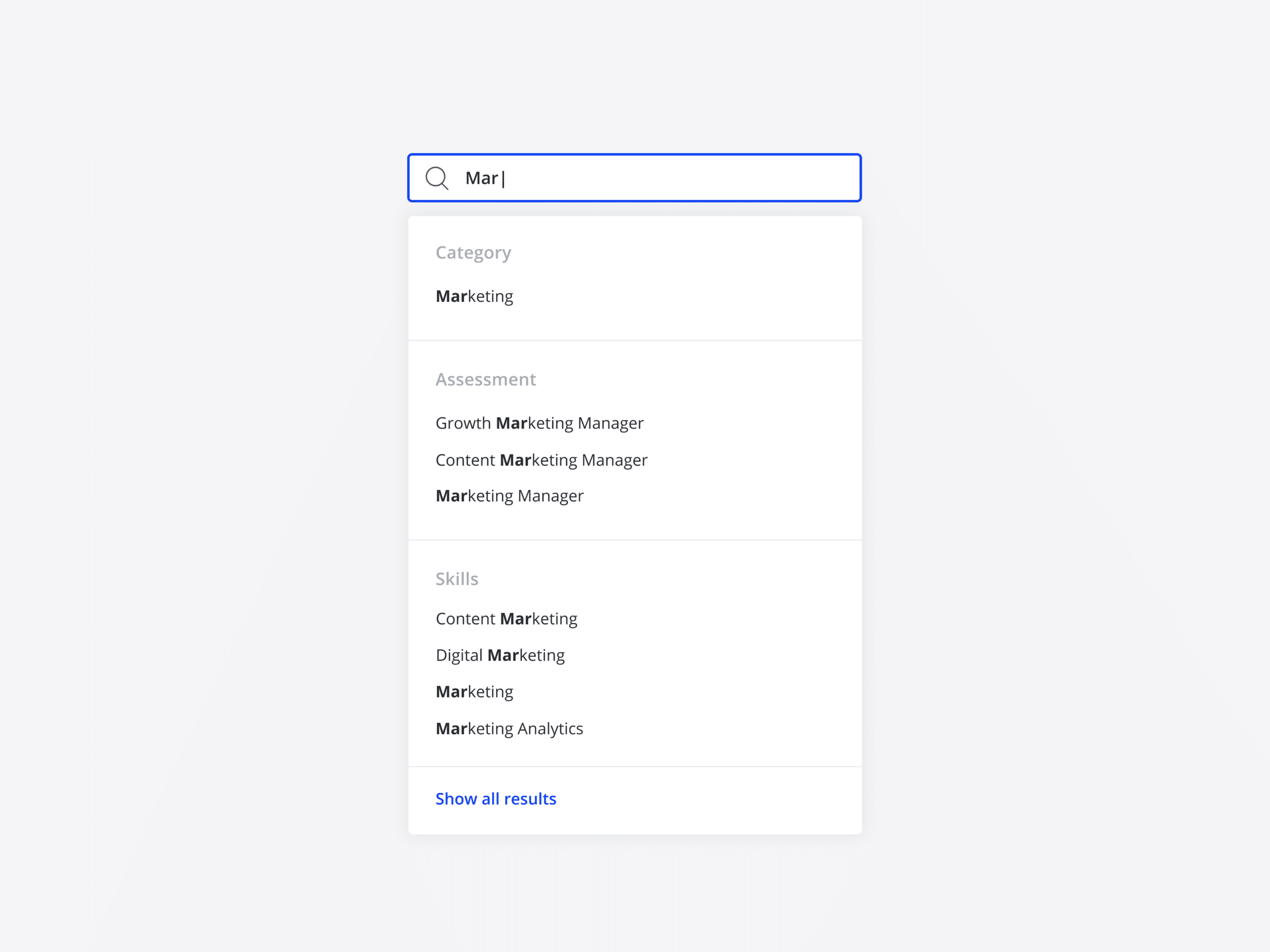 Search by category, assessments, or skills