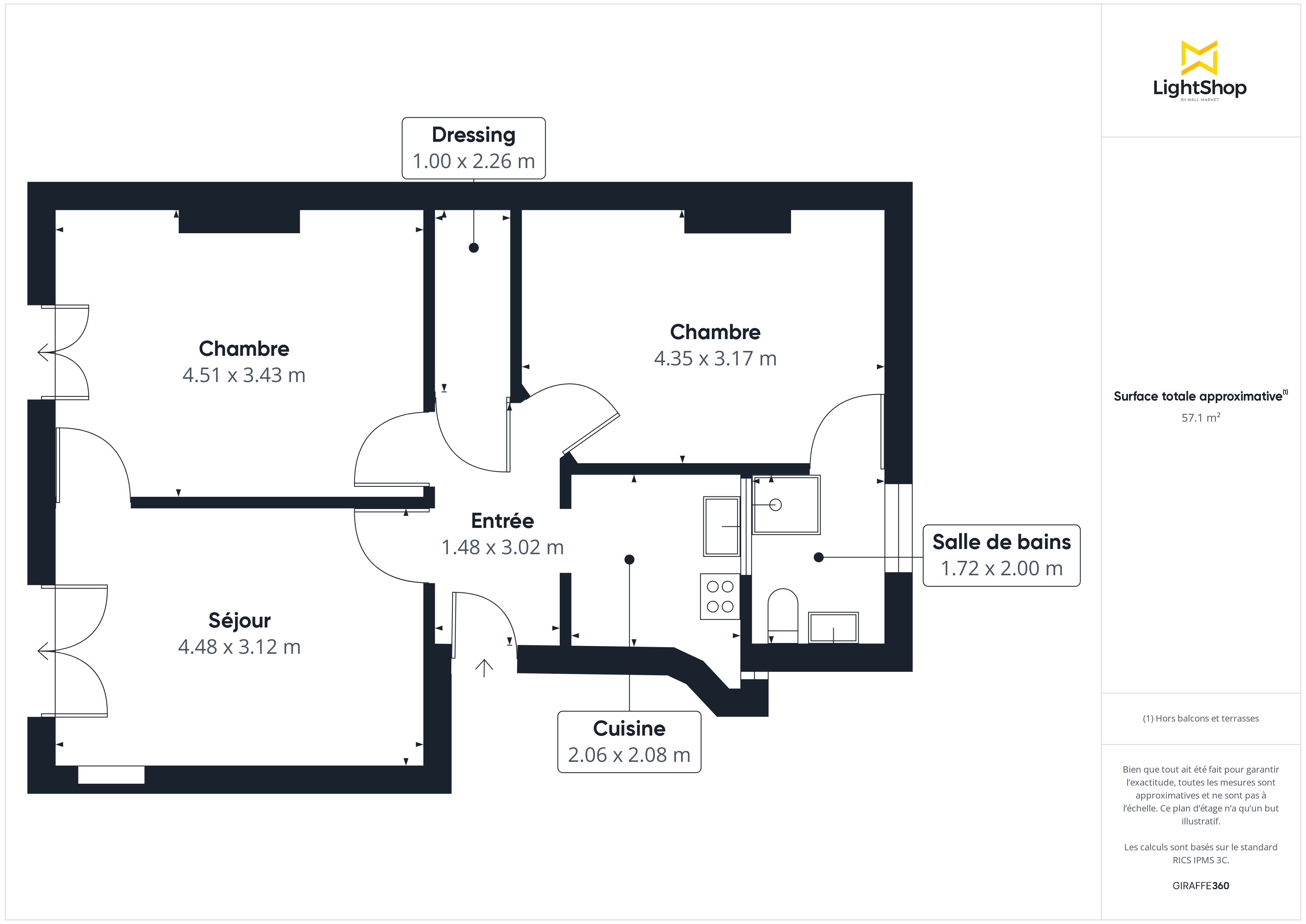 Plan 2D - Appartement 58.22 Levallois-Perret