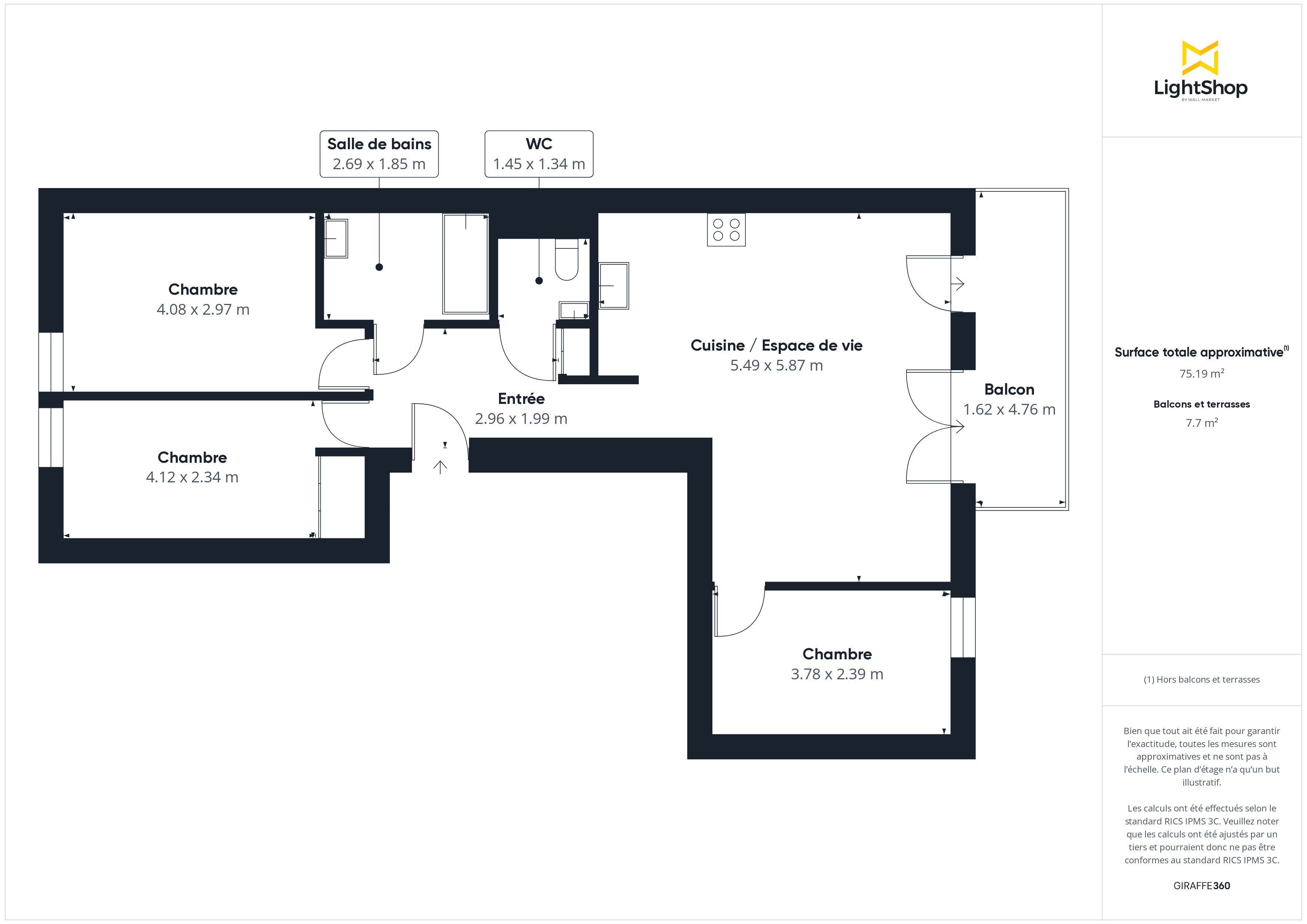 Plan 2D - Appartement 76.19 Villejuif