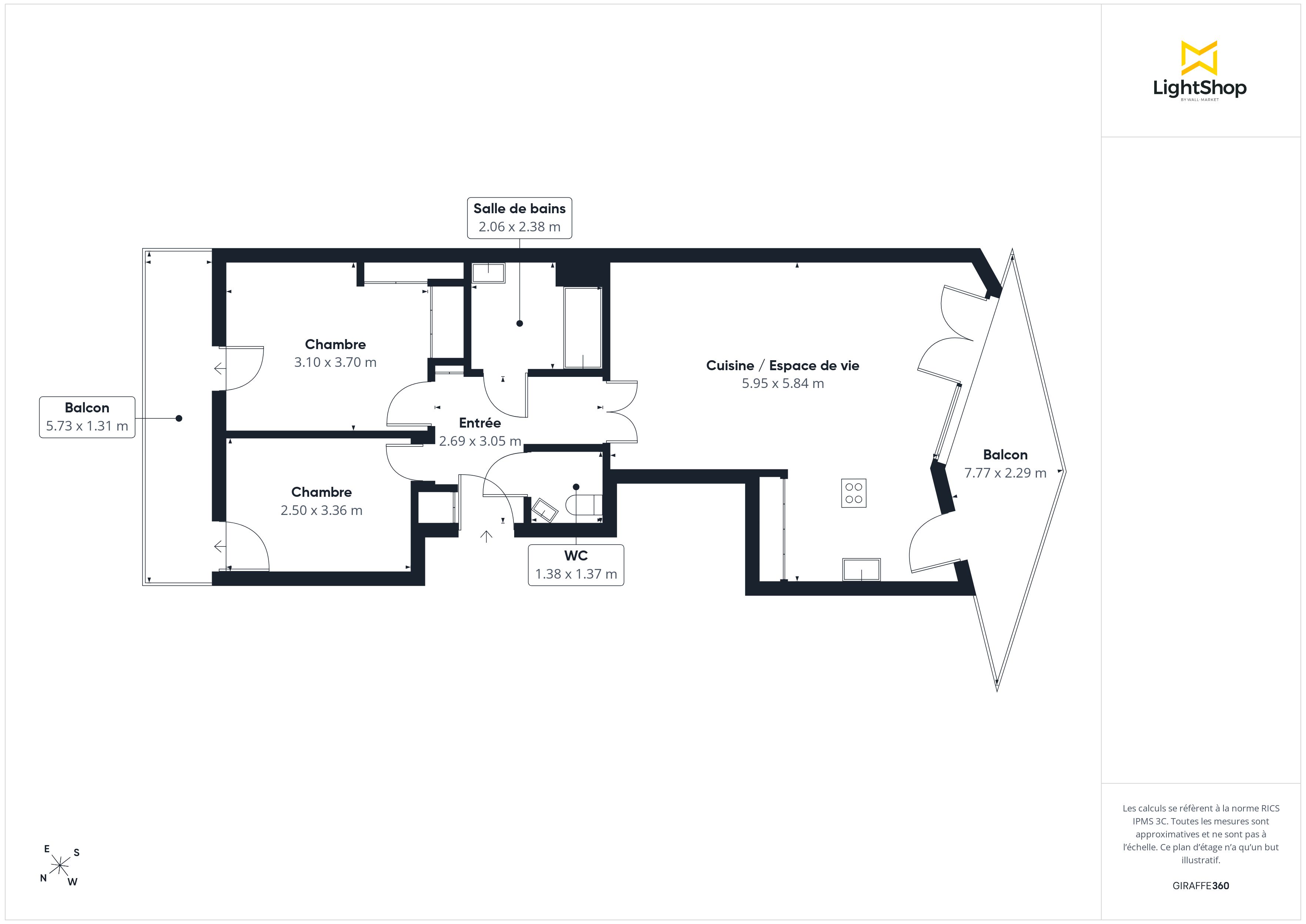Plan 2D - Appartement 66.93 Boulogne-Billancourt