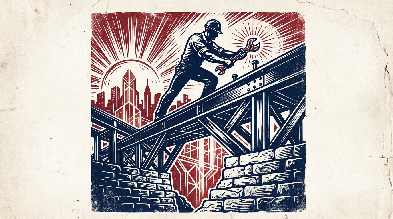 A builder bolting a steel bridge across a gap, a city skyline rising behind