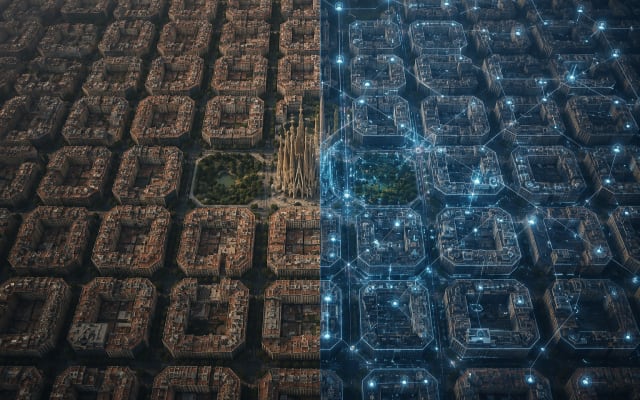 An aerial view of a dense city grid, split down the middle. The left half is the city as photographed; the right half is the same blocks overlaid with a network of glowing nodes and the links between them