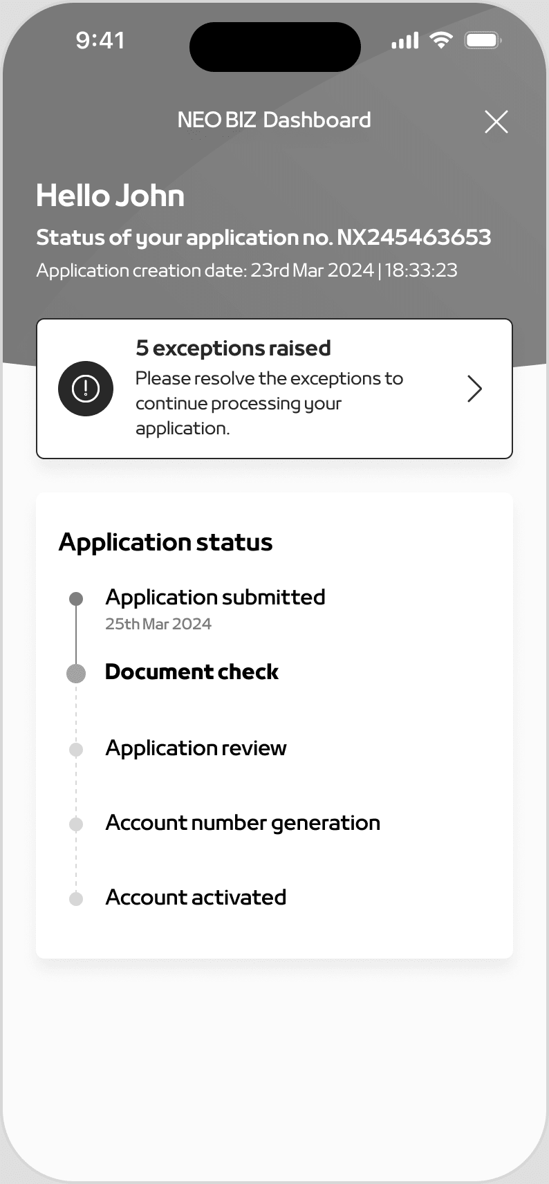 NEO BIZ dashboard carrying the application number and creation date, a red banner reading "5 exceptions raised, please resolve the exceptions to continue processing your application", and an application status list of five stages with Application submitted complete and Document check in progress