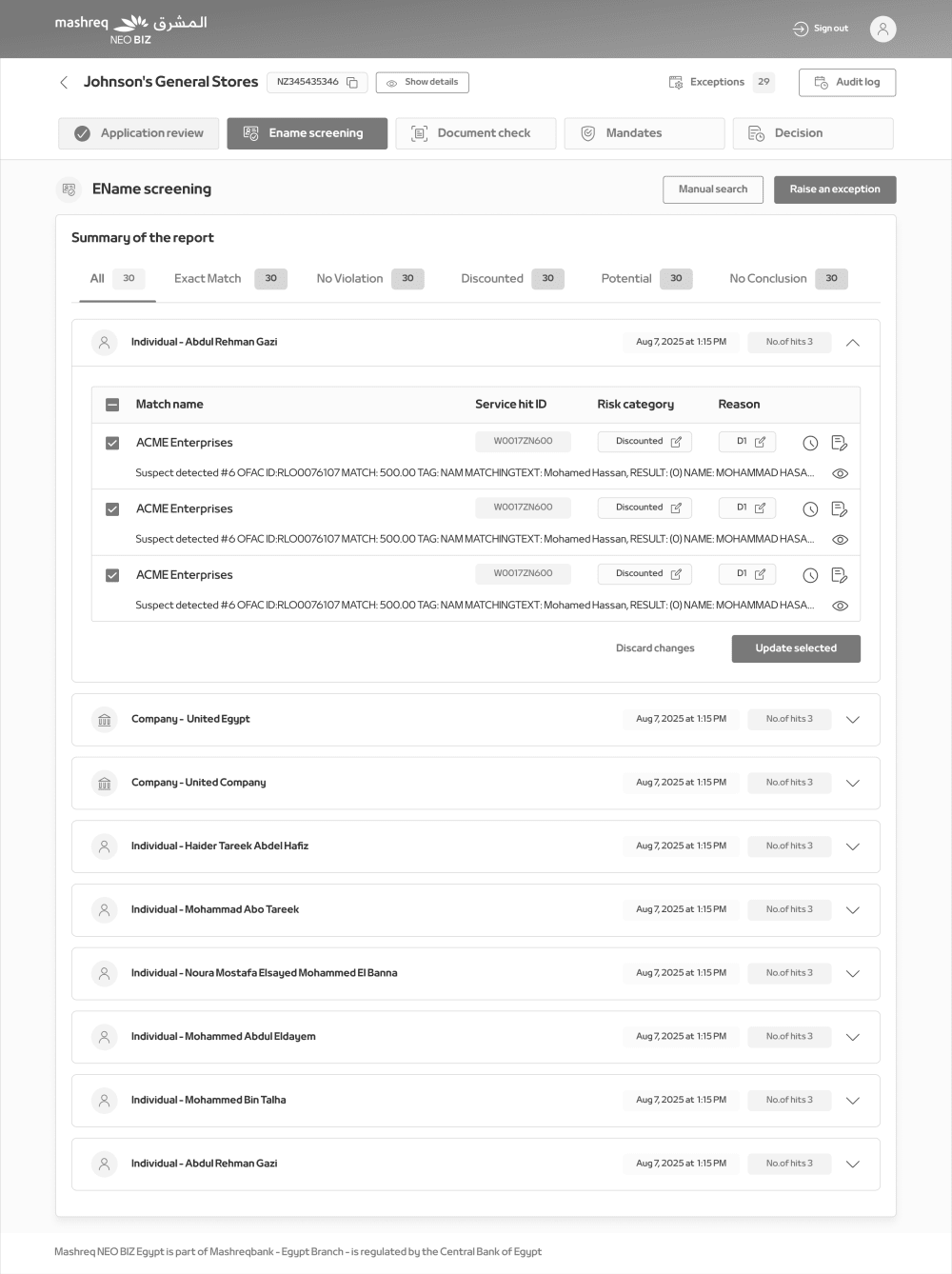 A name screening row expanded to show the matched name, service hit ID, risk category and reason