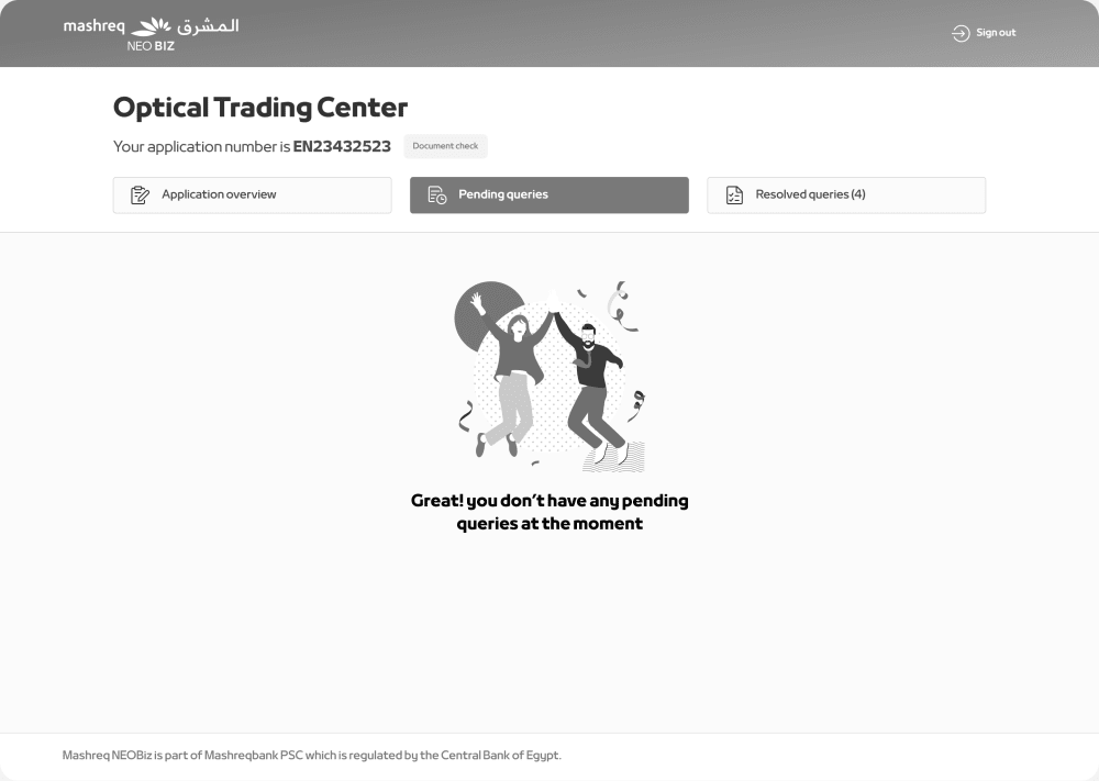 Customer portal pending queries tab in its empty state, left-to-right