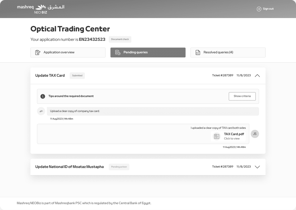 Pending queries tab showing a tax card response submitted by the customer