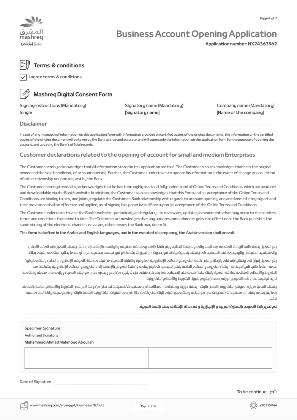 Generated form page carrying the terms and digital consent declaration