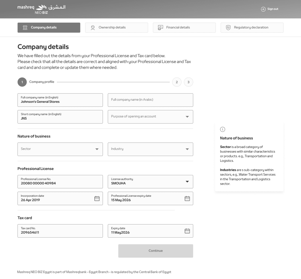 Company details form partly pre-populated from an uploaded document, with the remaining fields empty