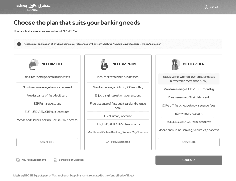 Account plan selection screen with three tiers, Prime selected