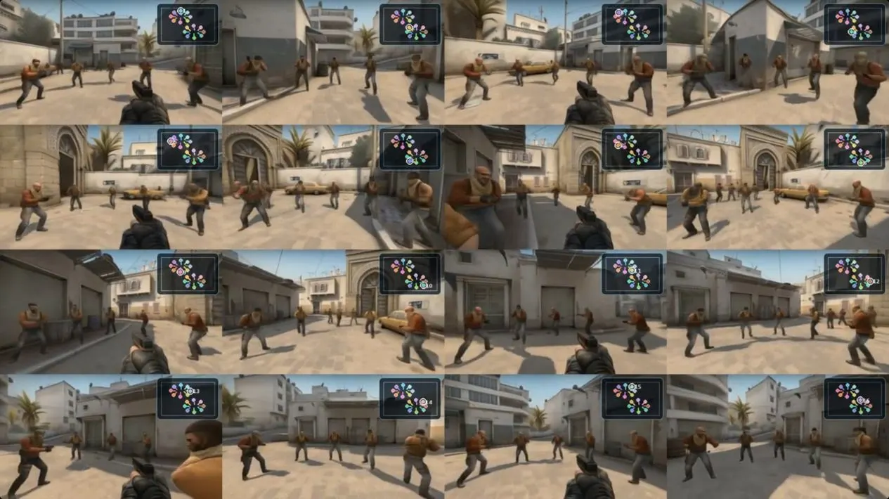 Sixteen generated player views, synchronized through the same evolving world state.
