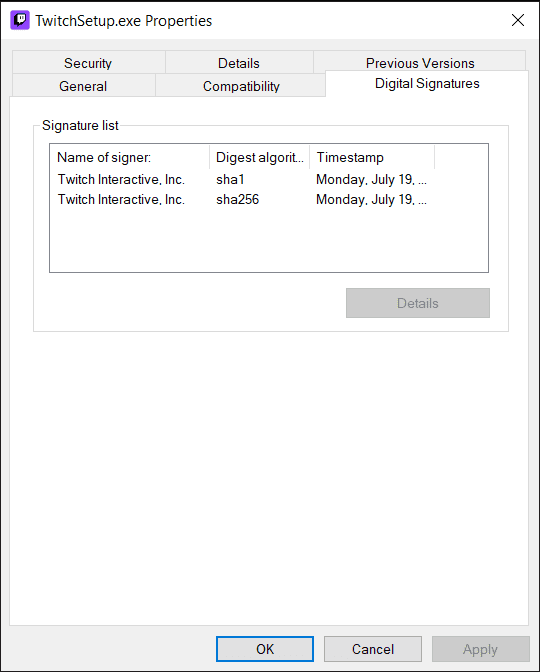 Twitch exe digital signature