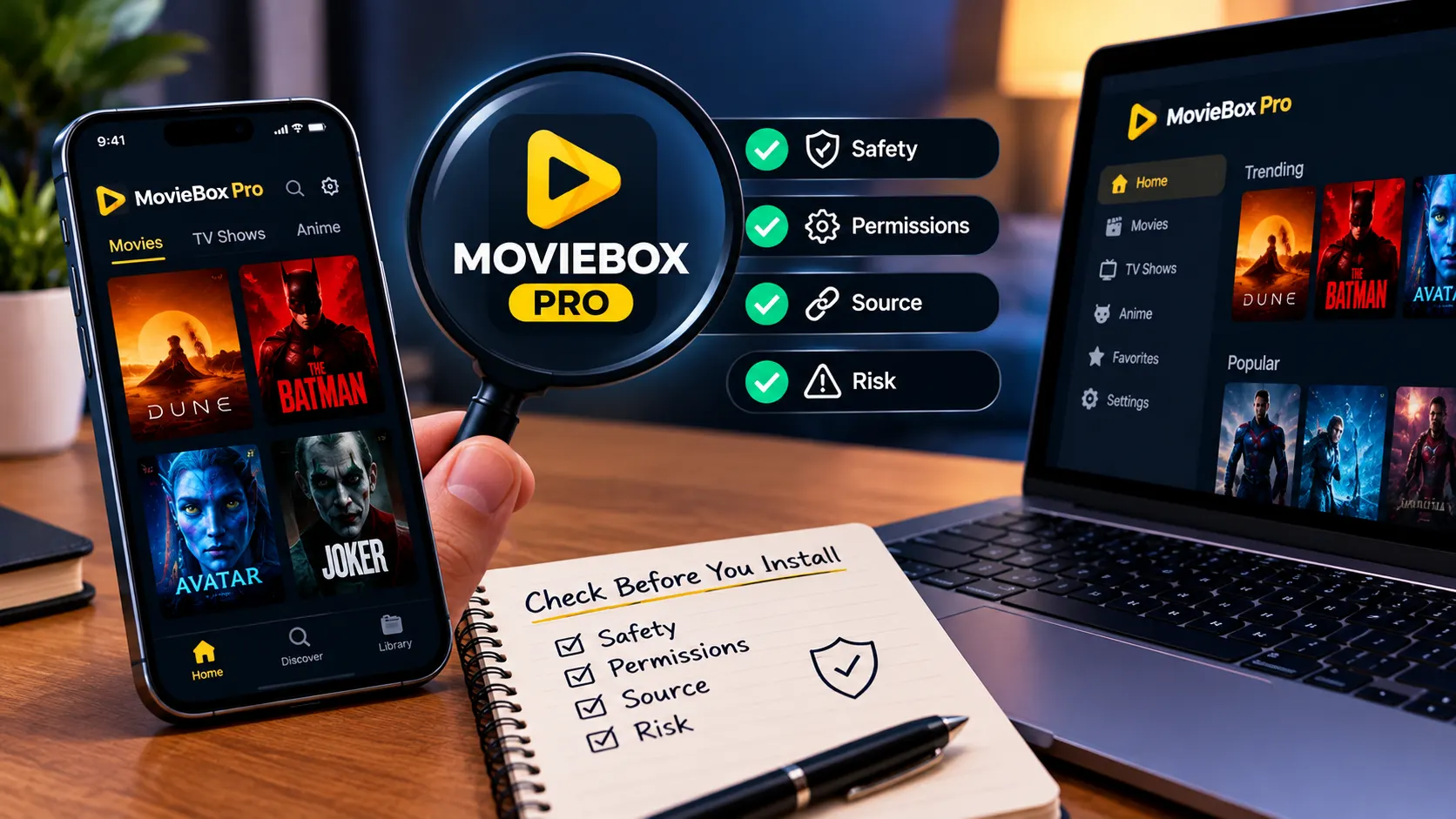 Careful app installation review beside a smartphone and laptop