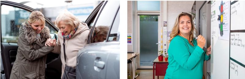 2 fotos naast elkaar in de 1e foto helpt een jonge vrouw een oduere dame uit de auto, op de 2e foto geeft de jonge vrouw les voor de klas