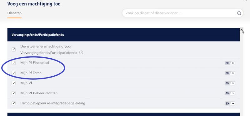 Lijst met diensten van VfPf binnen eHerkenning