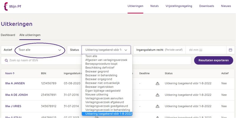Uitklapmenu met status Uitkering toegekend voor 1-8-2022