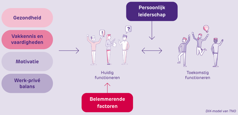 De afbeelding laat het DIX-model zien waar gezondheid, kennis en vaardigheden, motivatie en werk-privé balans links staan. Belemmerende factoren (huidig functioneren in het midden) en Persoonlijk leiderschap rechts (toekomstig functioneren)