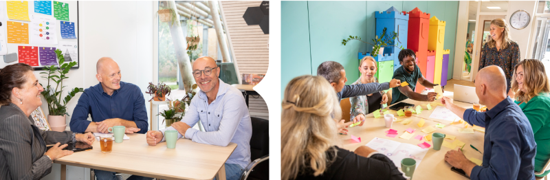 Collage teams lachende mensen binnen school