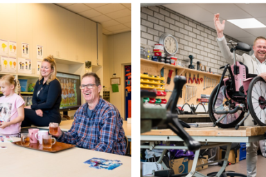 fotocollage van 2 klaslokalen met mensen die werken via de babenafsrpaak: links zitten kinderen aan tafel met blonde vrouw (onderwijsassistente Pim) en met concierge Frans. Op de rechterfoto 2 leerlingen met en in rolstoel van Mytylschool Gabriel met directeur Bas er enthousiast achterstaand