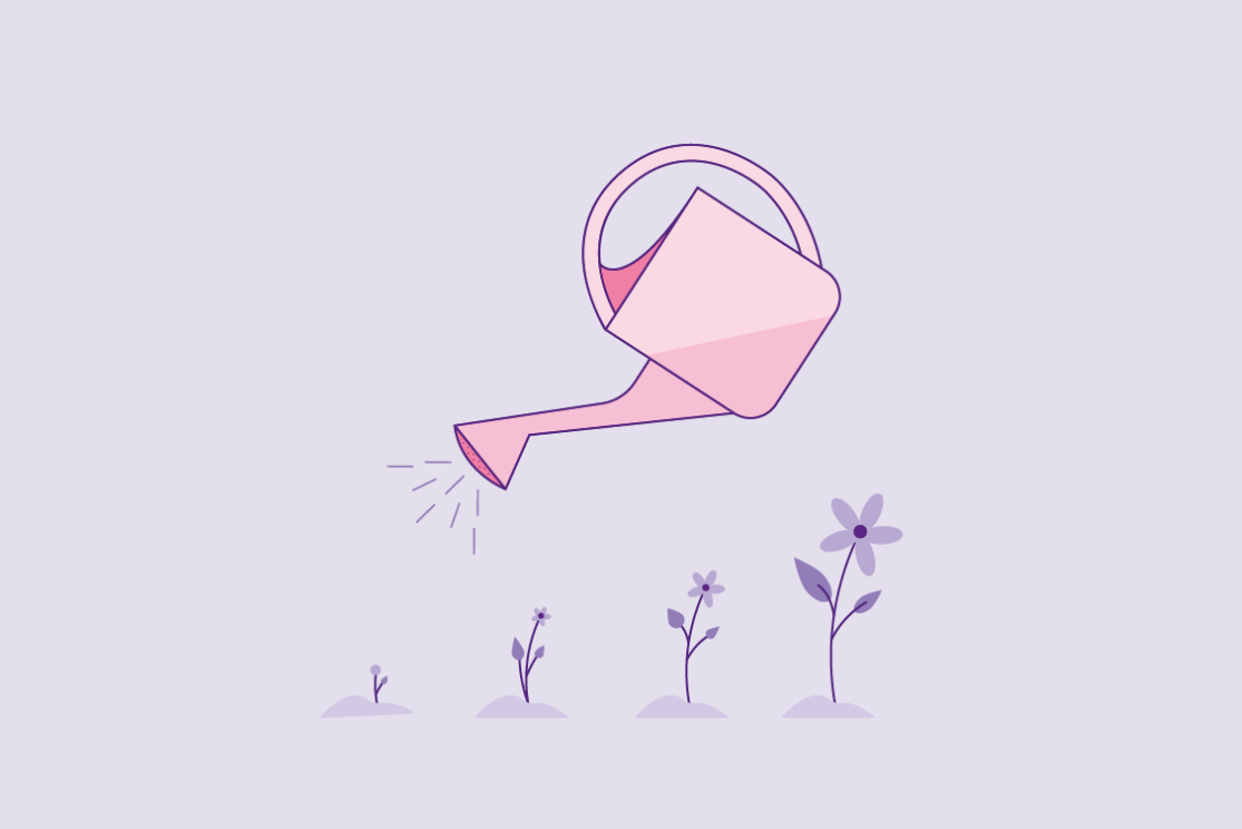 Illustratie van gieter die water sproeit en steeds groter wordend bloemetje