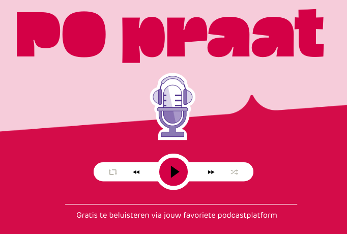 Afbeelding met in grote letters PO praat, met een microfoon en een play-knop met daaronder nog de tekst: gratis te beluisteren via jouw favoriete podcastplatform