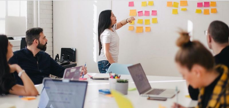 een team collega's aan het brainstormen met post-its