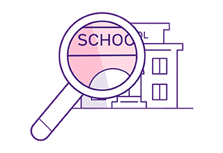 illustratie schoolgebouw met vergrootglas