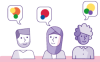 illustratie 3 poppetjes met praatwolkjes met kleurcirkels