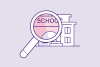 Illustratie van schoolgebouw met vergrootglas