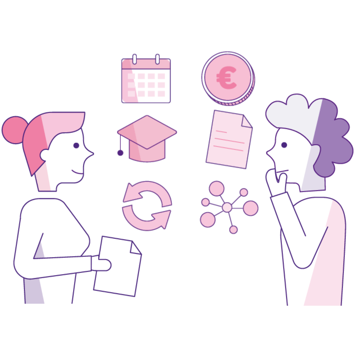 illustratie man (werknemer) en vrouw (werkgever) die onderdelen van een werk-naar-werk traject bespreken