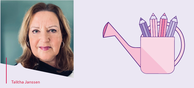 mentor on the job talitha janssen staat naast een gieter met potloden wat symbool staat voor groeiende starters