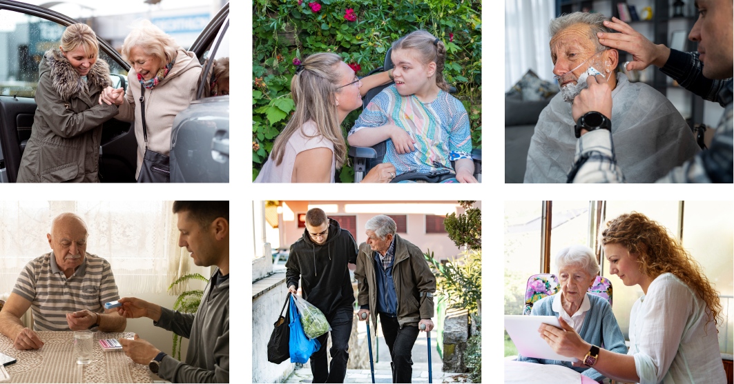 collage van situaties waarin mantelzorg verleend wordt