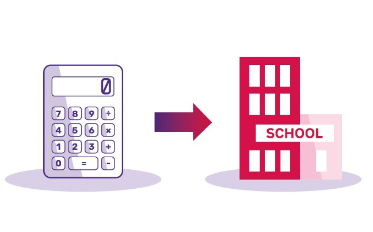 illustratie rekenmachine met pijl naar een school