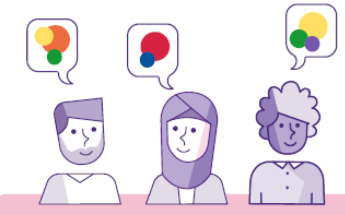 illustratie 3 poppetjes met praatwolkjes met kleurcirkels