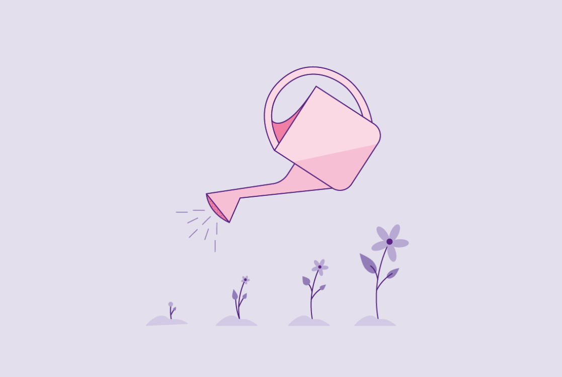 illustratie van gieter die water sproeit en steeds groter wordend bloemetje