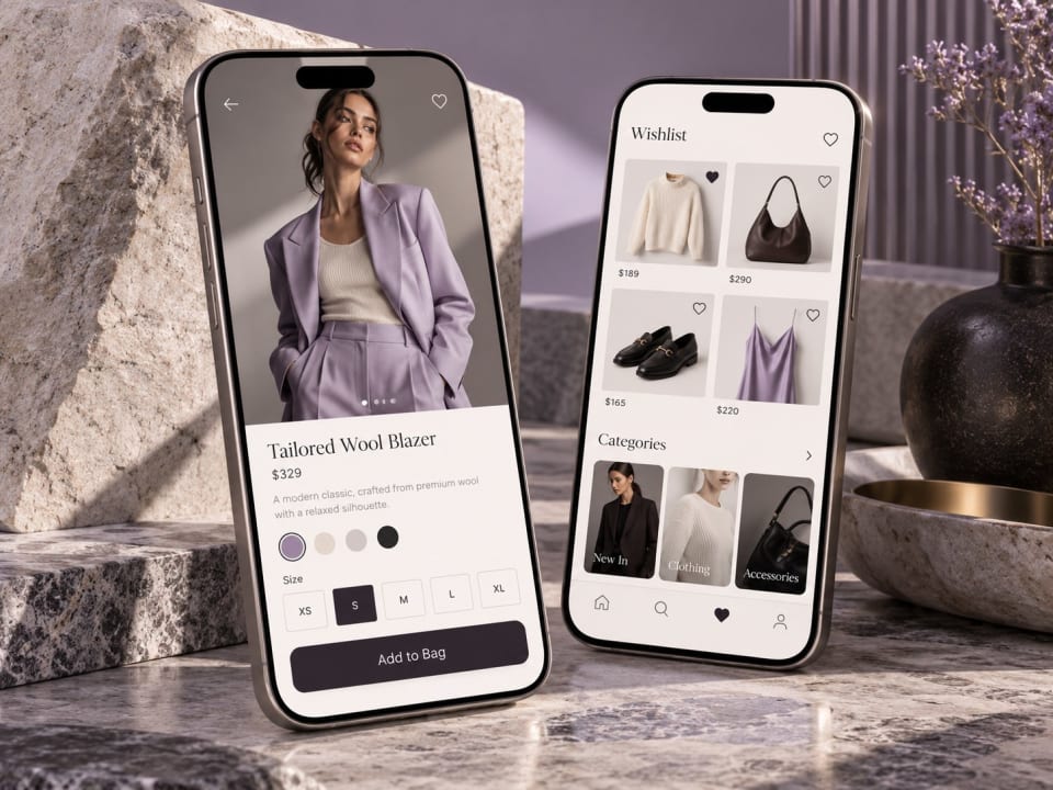 Fashion shopping app concept with product and wishlist screens