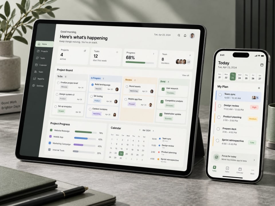 Productivity app concept with a project dashboard and daily plan