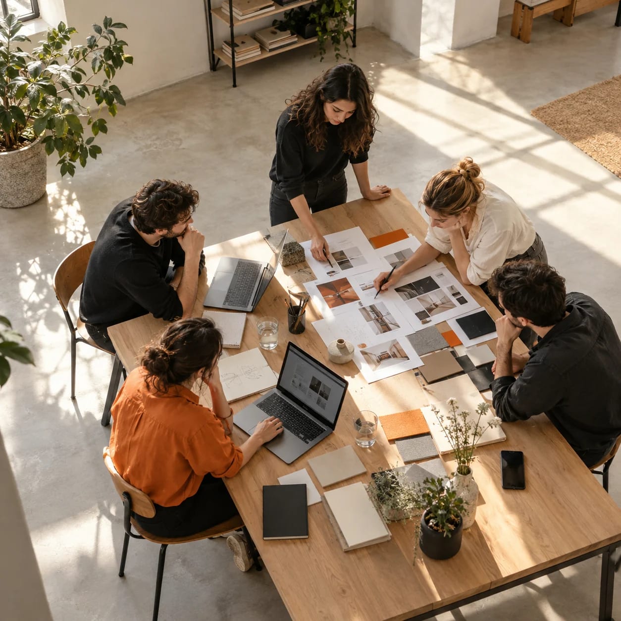 A creative team collaborating around a worktable