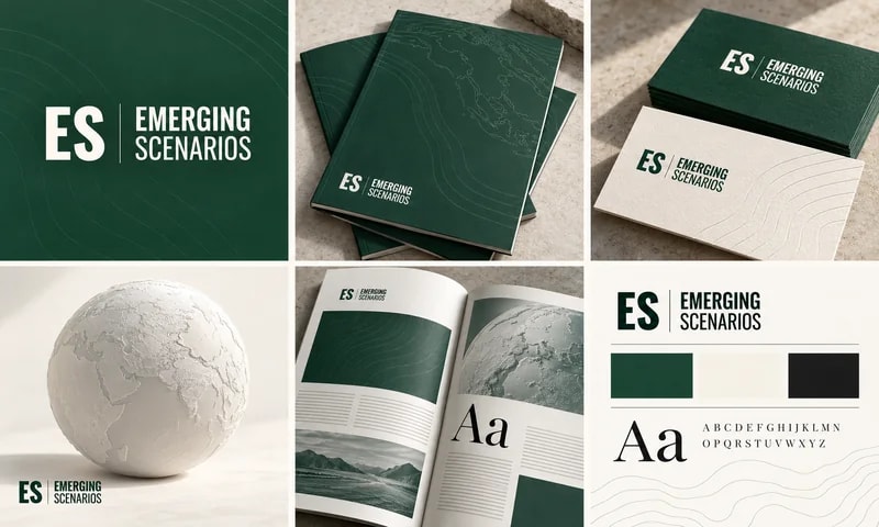 Forest green and ivory Emerging Scenarios brand board with the ES logo, research publications, stationery and white globe