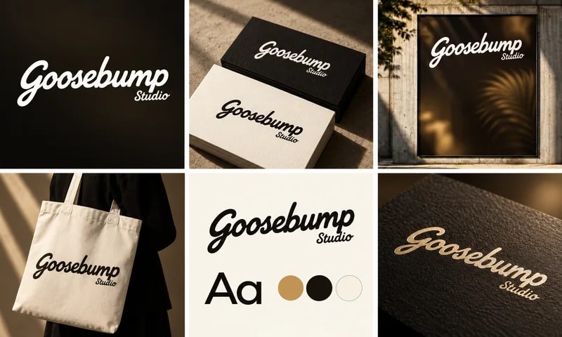 Black and antique gold Goosebump Studio identity with the script wordmark, cards, poster and tote