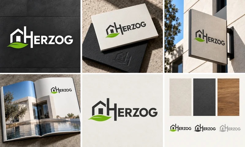 Neutral and leaf green Herzog identity with the house and leaf logo, stationery, booklet and signage