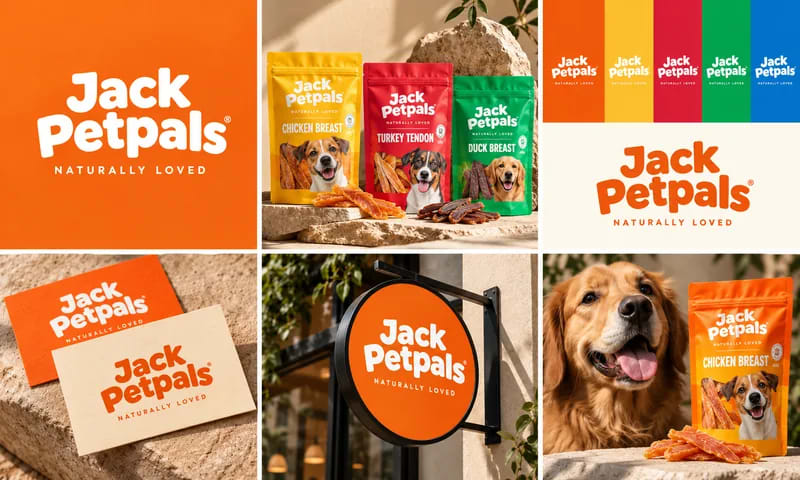 Orange and white Jack Petpals identity with the original wordmark and colorful pet treat packaging